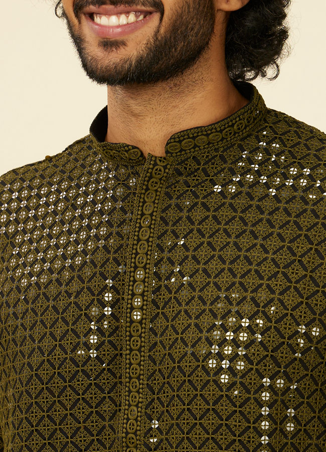 alt message - Manyavar Men Olive Green Chikankari Kurta Set image number 1